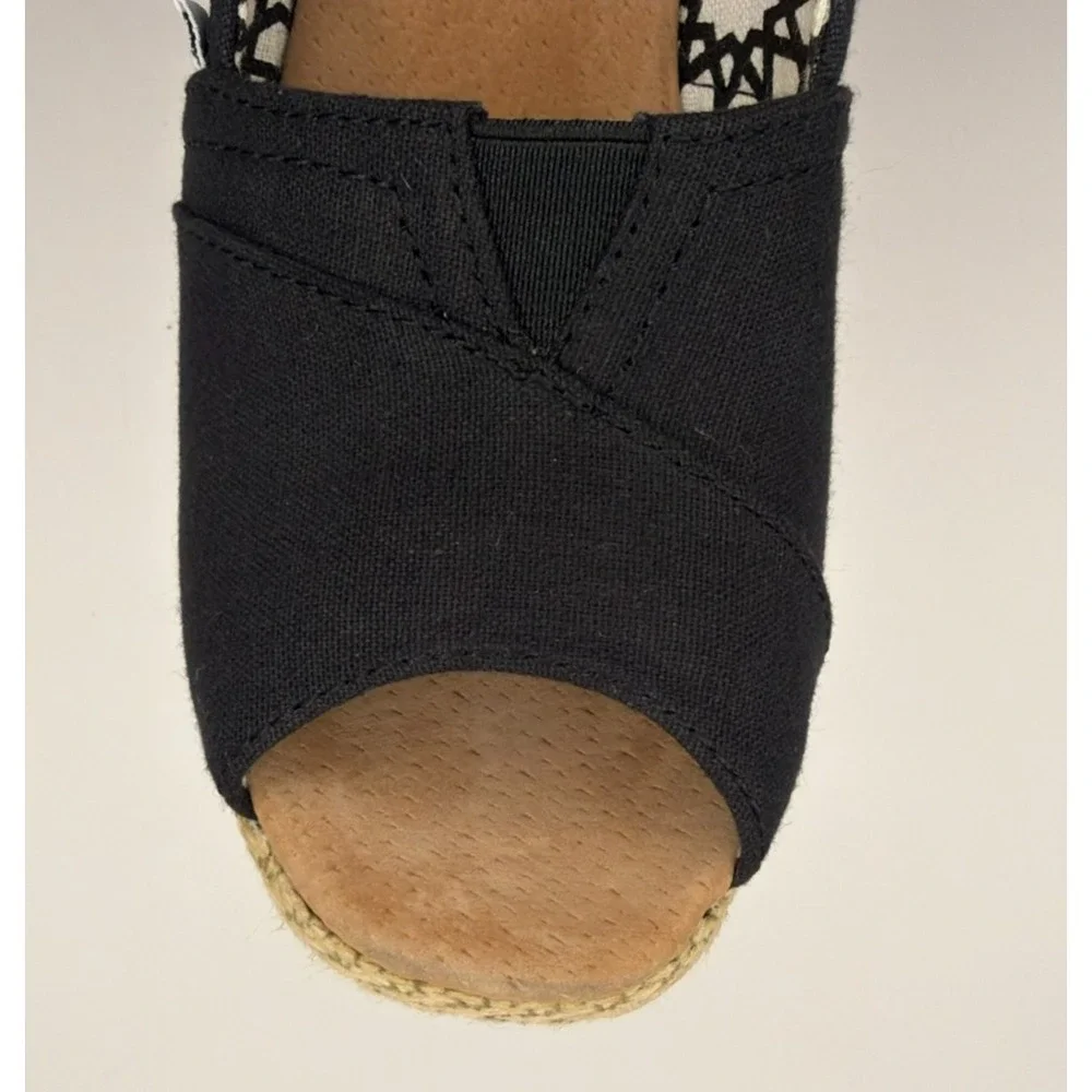 TOMS Womens 7.5 Black Canvas Peep Toe Espadrille Wedge Heels Slip On Shoes